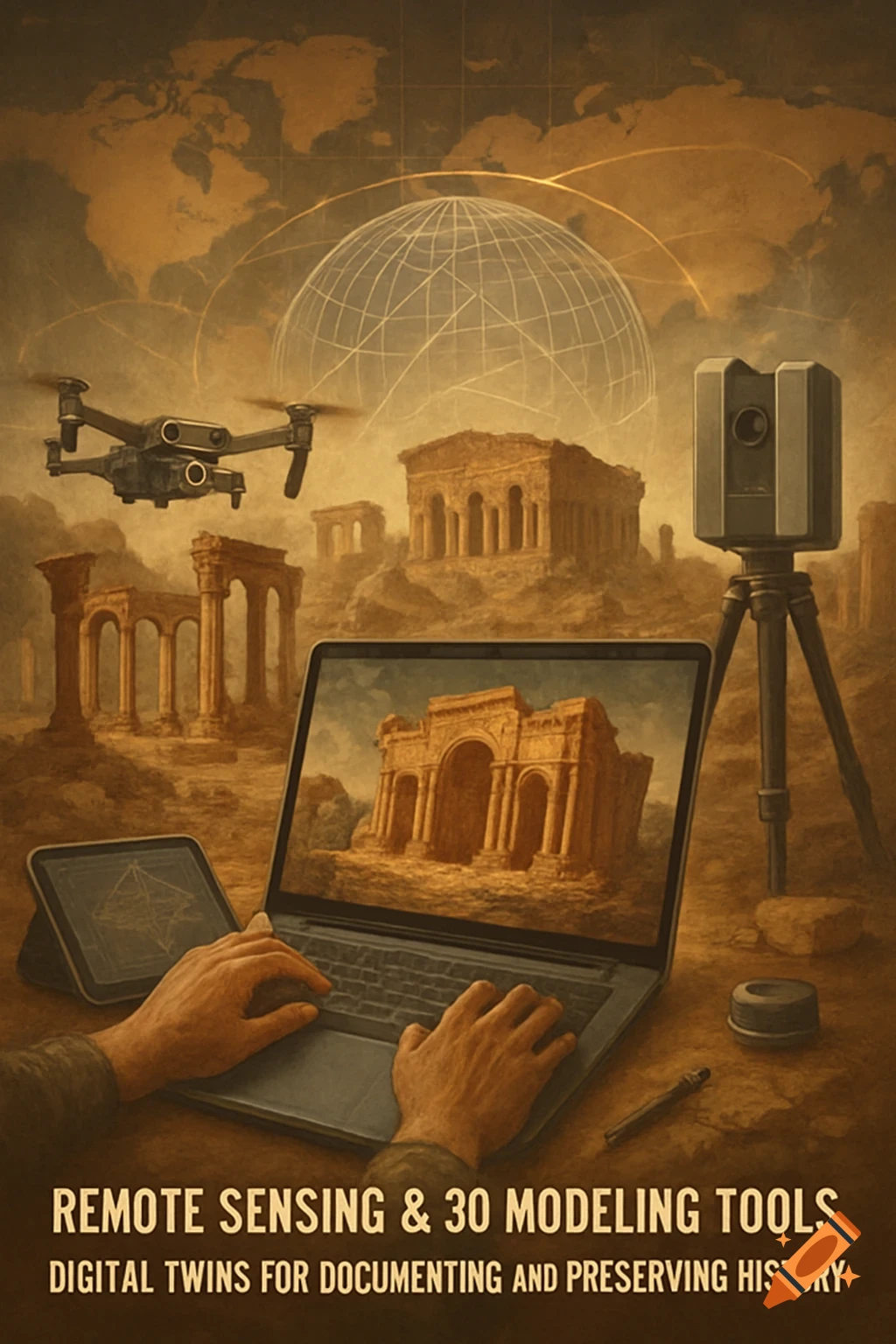 A stylized image showing hands using a laptop in front of Roman ruins with a drone and scanner, overlayed with a map and globe. Text says "Remote Sensing & 3D Modeling Tools Digital Twins for Documenting and Preserving History".
