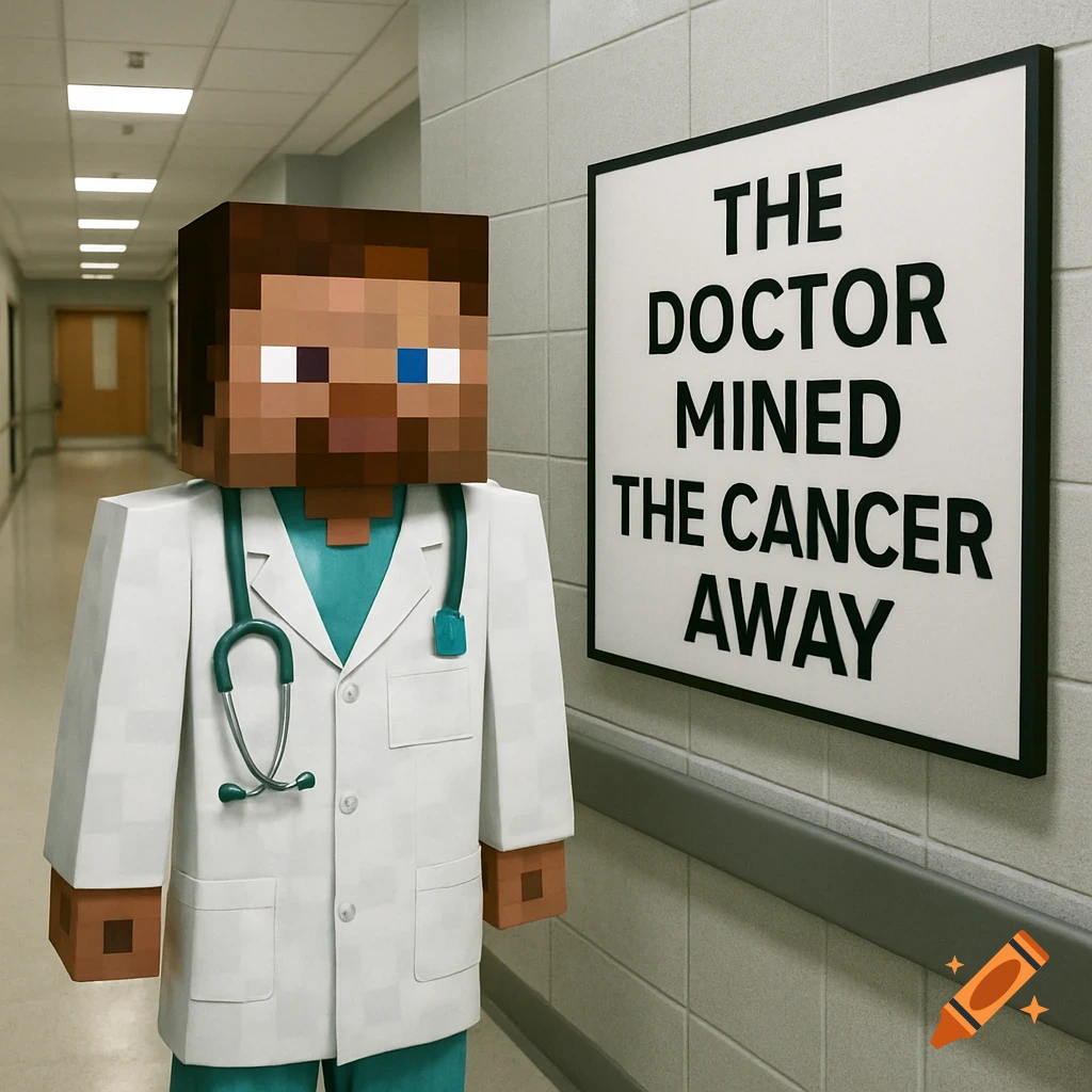 A Minecraft character dressed as a doctor stands in a hospital hallway next to a sign.