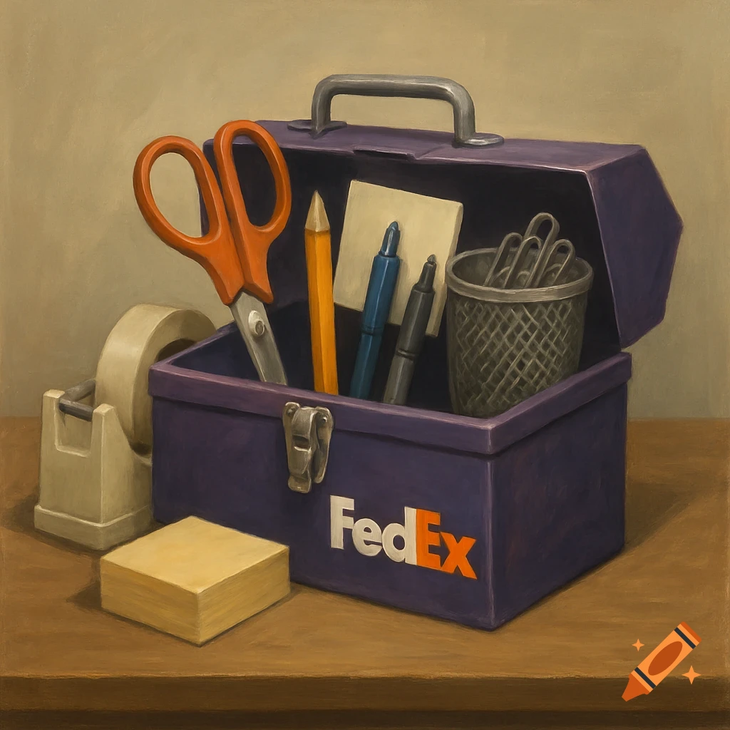 Still life painting of a purple FedEx toolbox filled with office supplies like scissors, pencils, pens, and paper clips, next to a tape dispenser and sticky notes on a table.