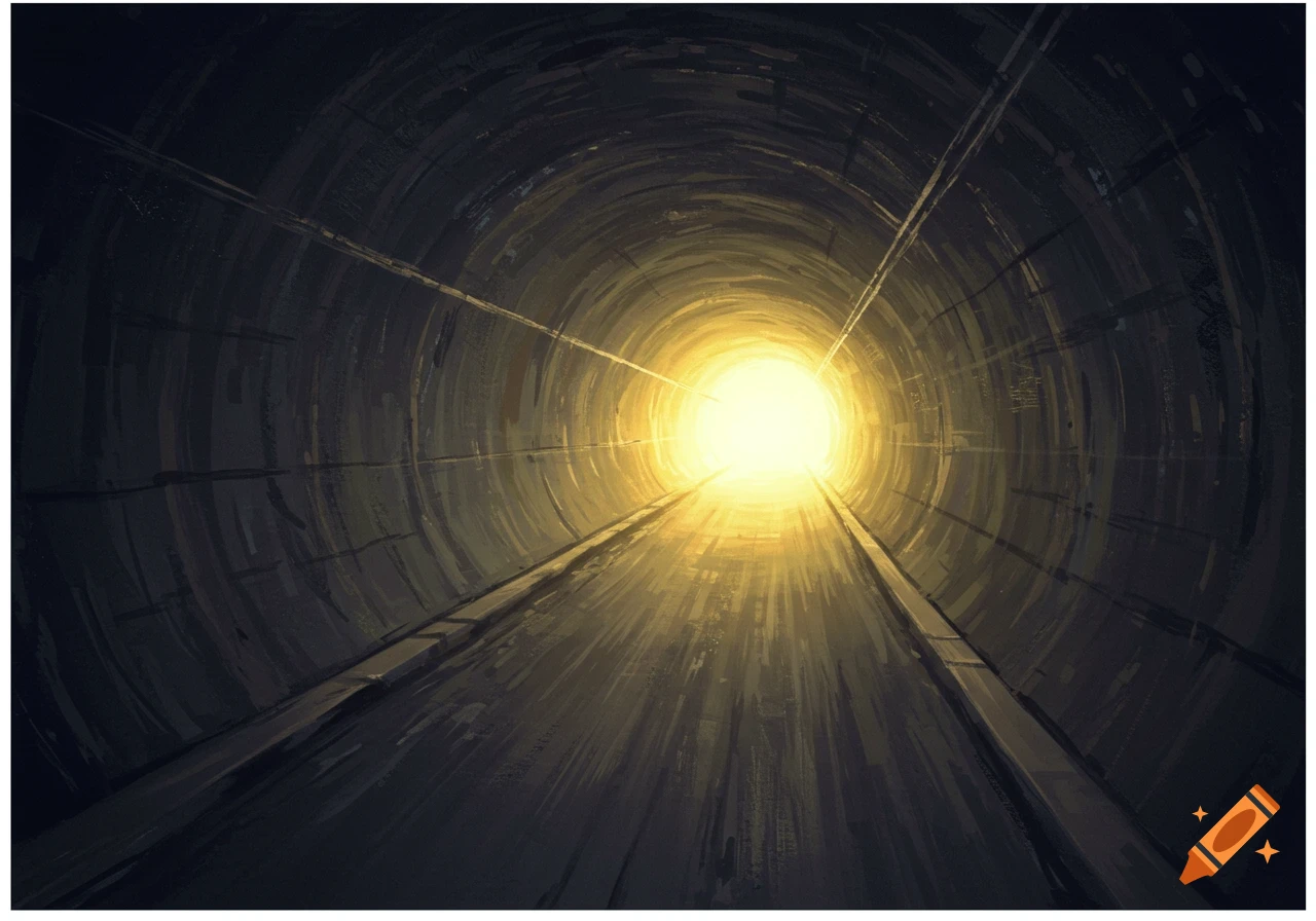 Illustration of a dark tunnel looking towards a bright light at the end.