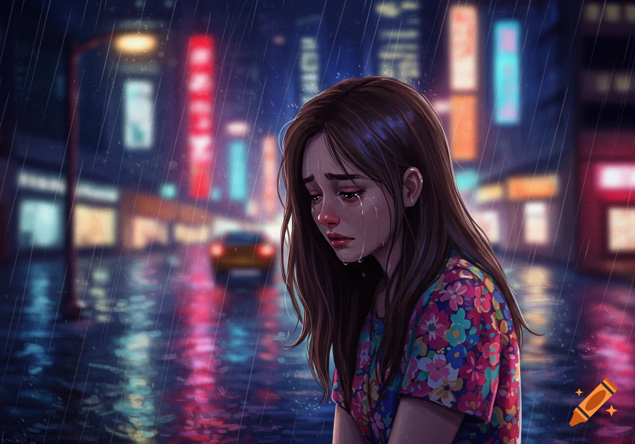 Illustration of a crying girl in a colorful floral dress standing in the rain at night in a city.