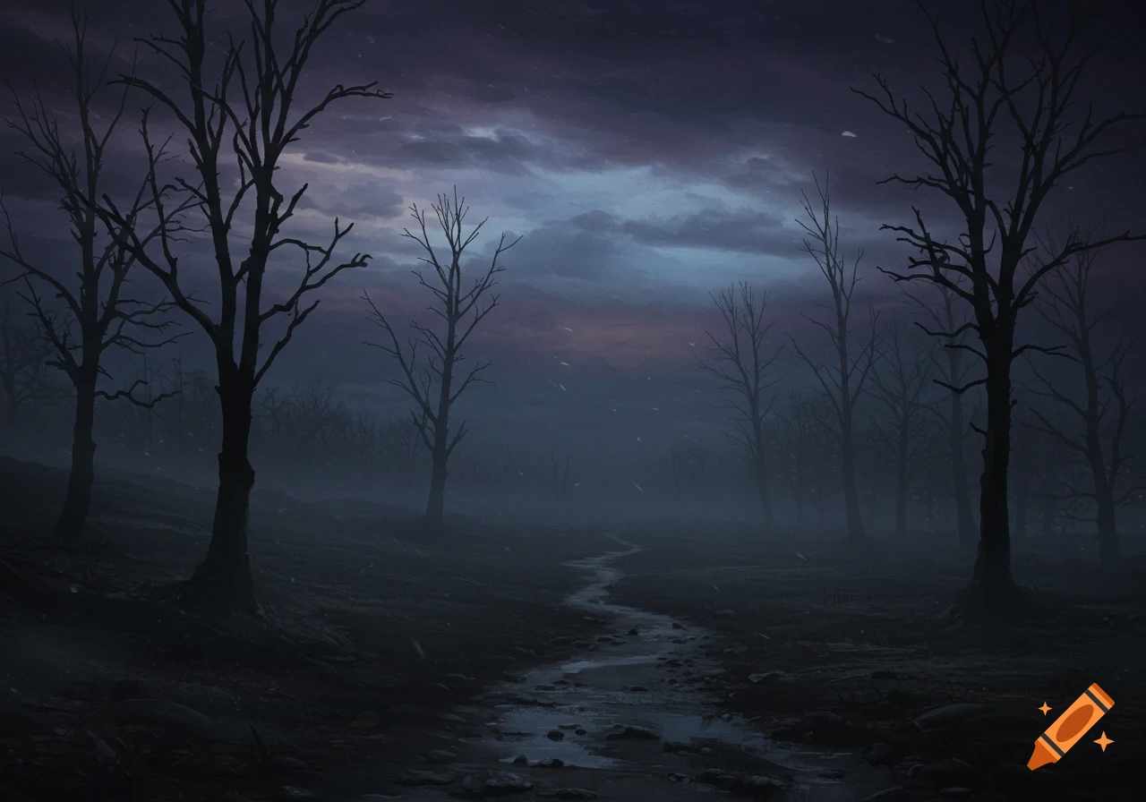 A dark, misty forest landscape with bare trees and a winding path under a cloudy sky.
