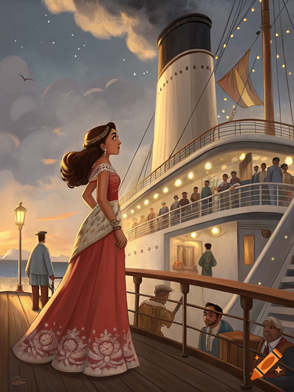 Illustration of a woman in a red dress standing on a dock looking at a large ship at sunset.