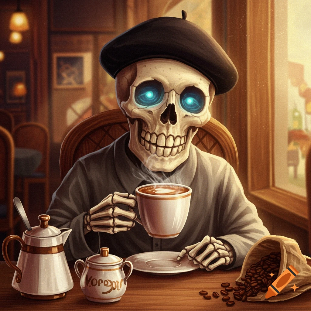 A stylized illustration of a skeleton wearing a beret and drinking coffee in a cafe.