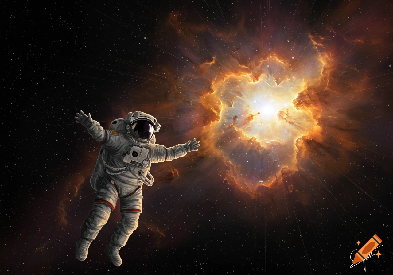 An astronaut floats in space towards a vibrant orange and yellow nebula.