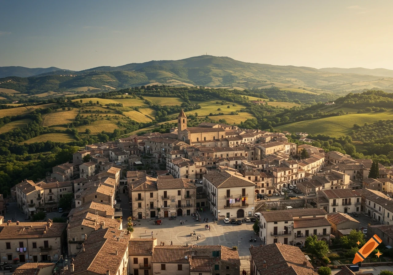 Aerial view of an Italian town nestled in a valley surrounded by green hills.