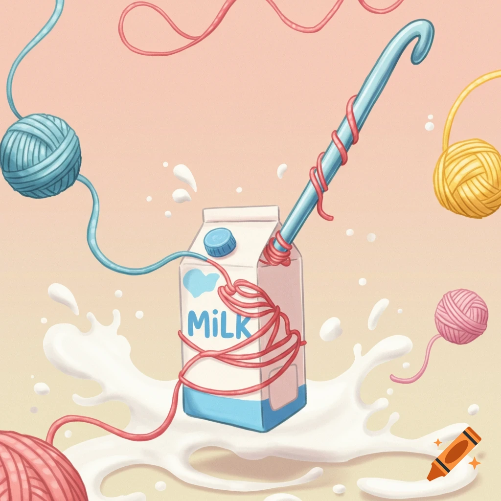 Illustration of a crochet hook acting as a straw in a milk carton, surrounded by yarn and splashes.