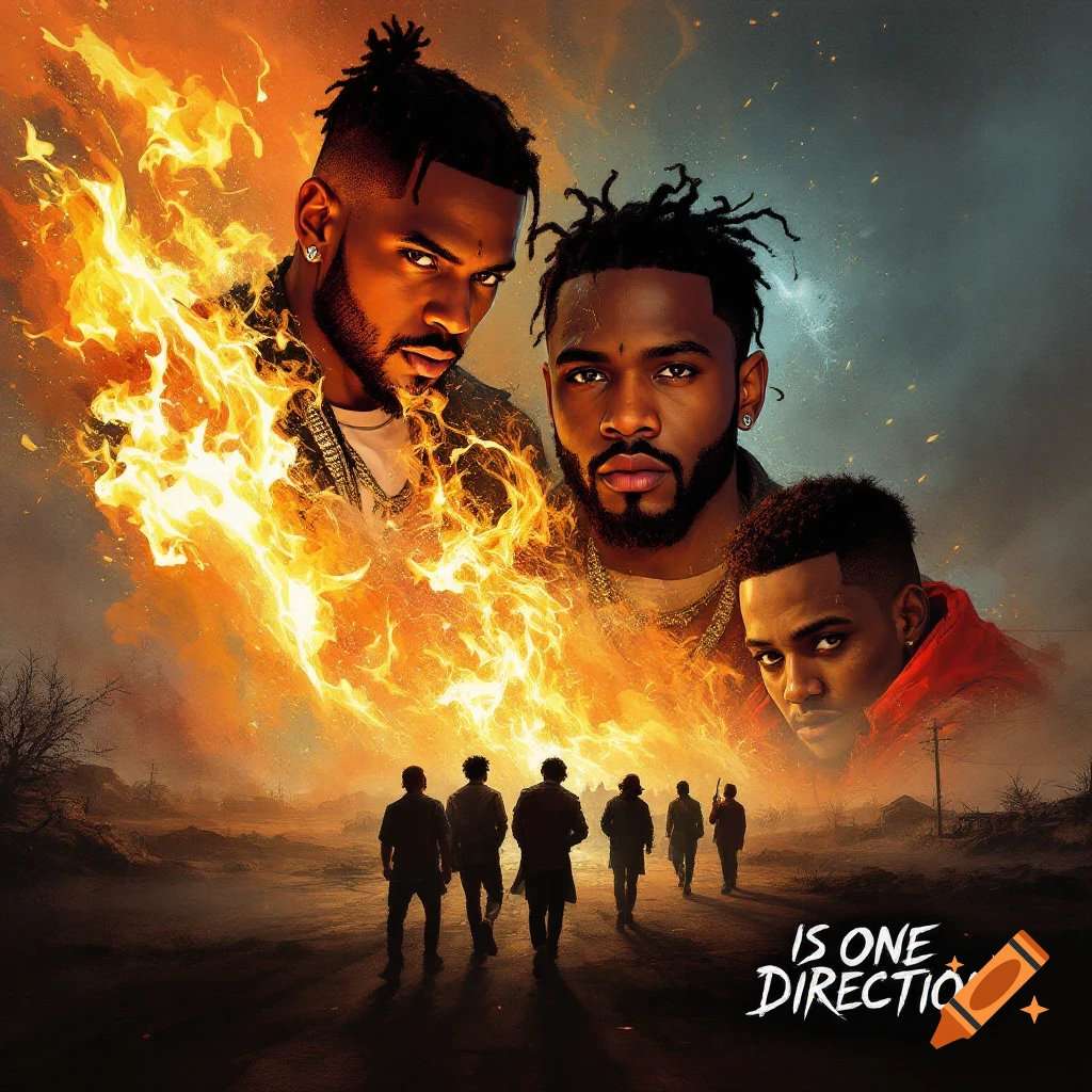 Three men look down from a fiery sky upon figures in a desolate landscape. Text reads "IS ONE DIRECTION".