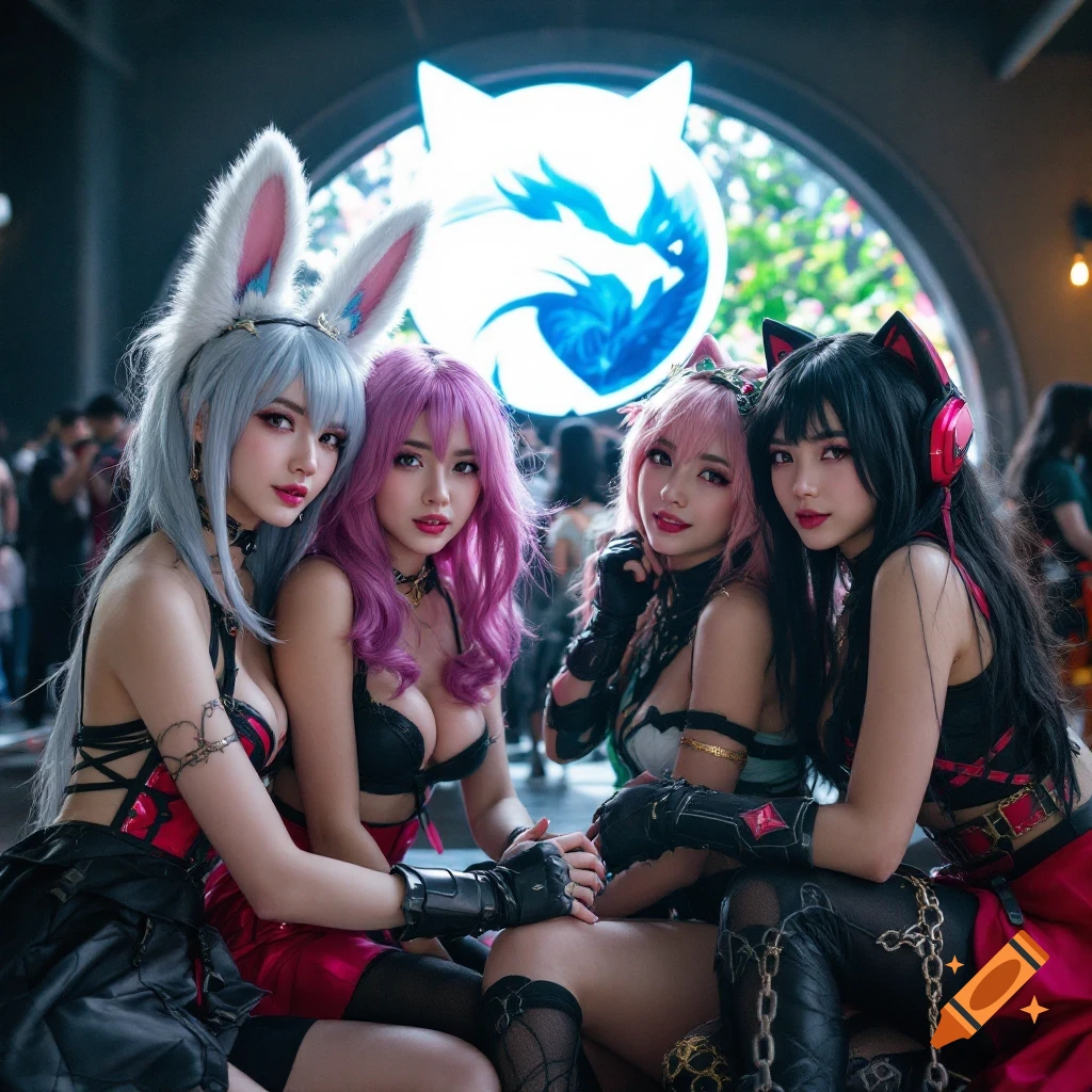 Four women in fantasy gaming cosplay with animal ears posing in front of a large glowing logo.