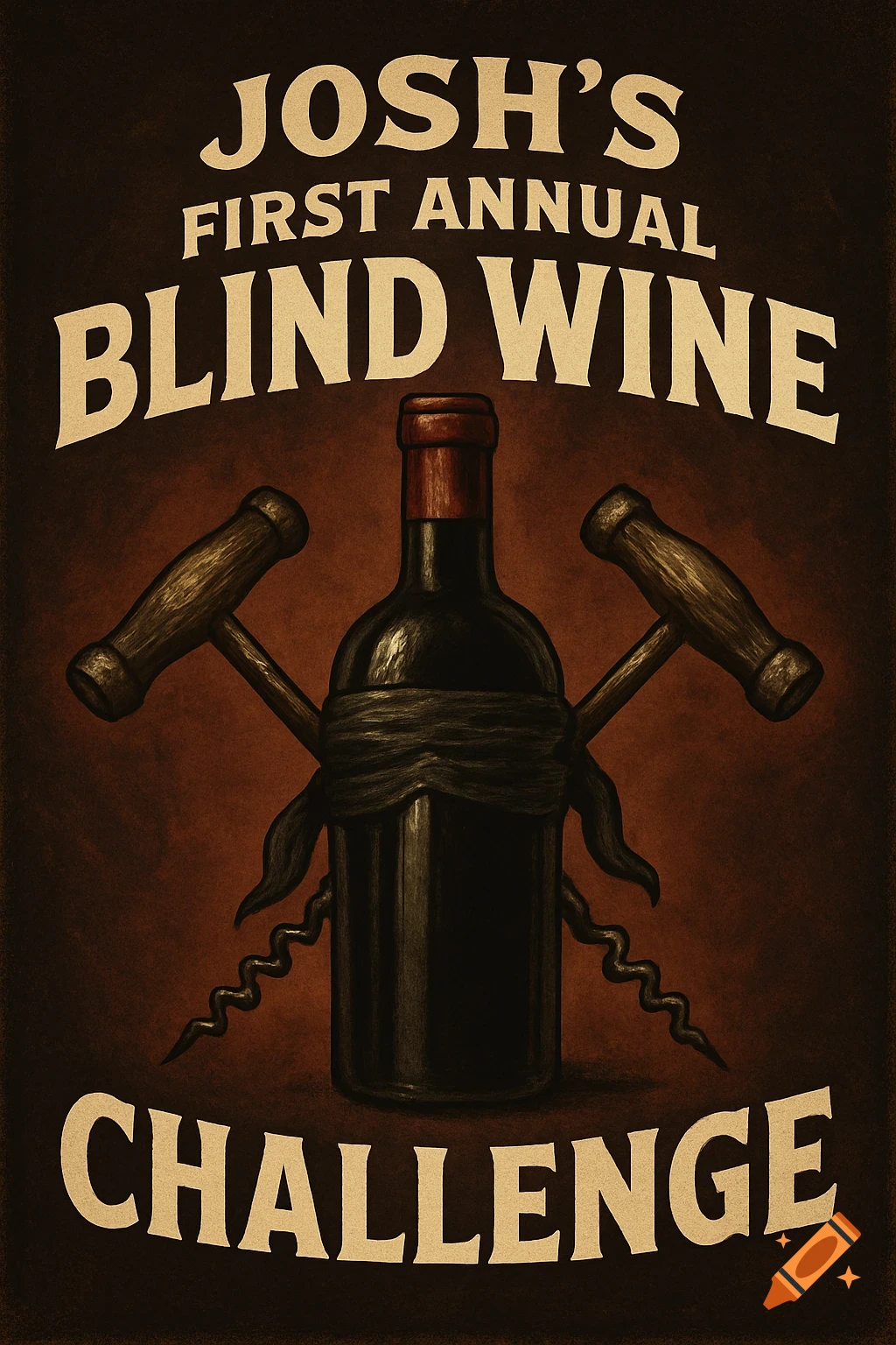 A dark brown graphic poster for Josh's first annual blind wine challenge, featuring a blindfolded wine bottle with crossed corkscrews.