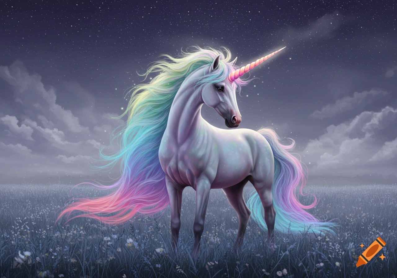 A white unicorn with a rainbow mane and tail stands in a field under a starry night sky.
