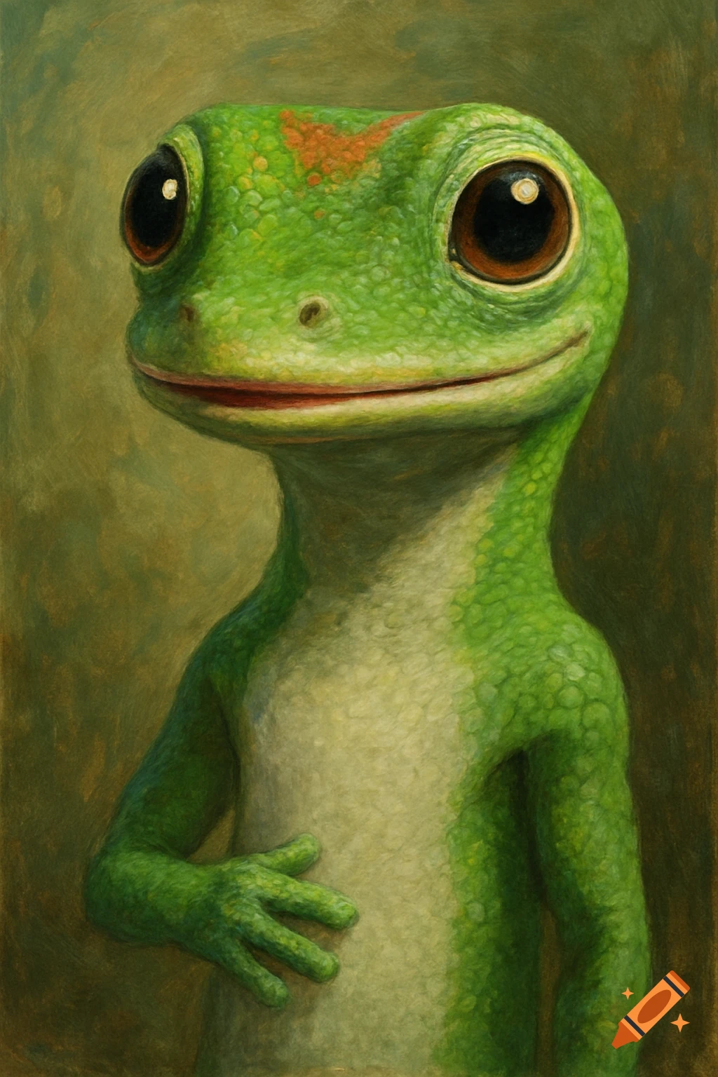 Painting of a green gecko with large eyes, smiling and holding its belly.