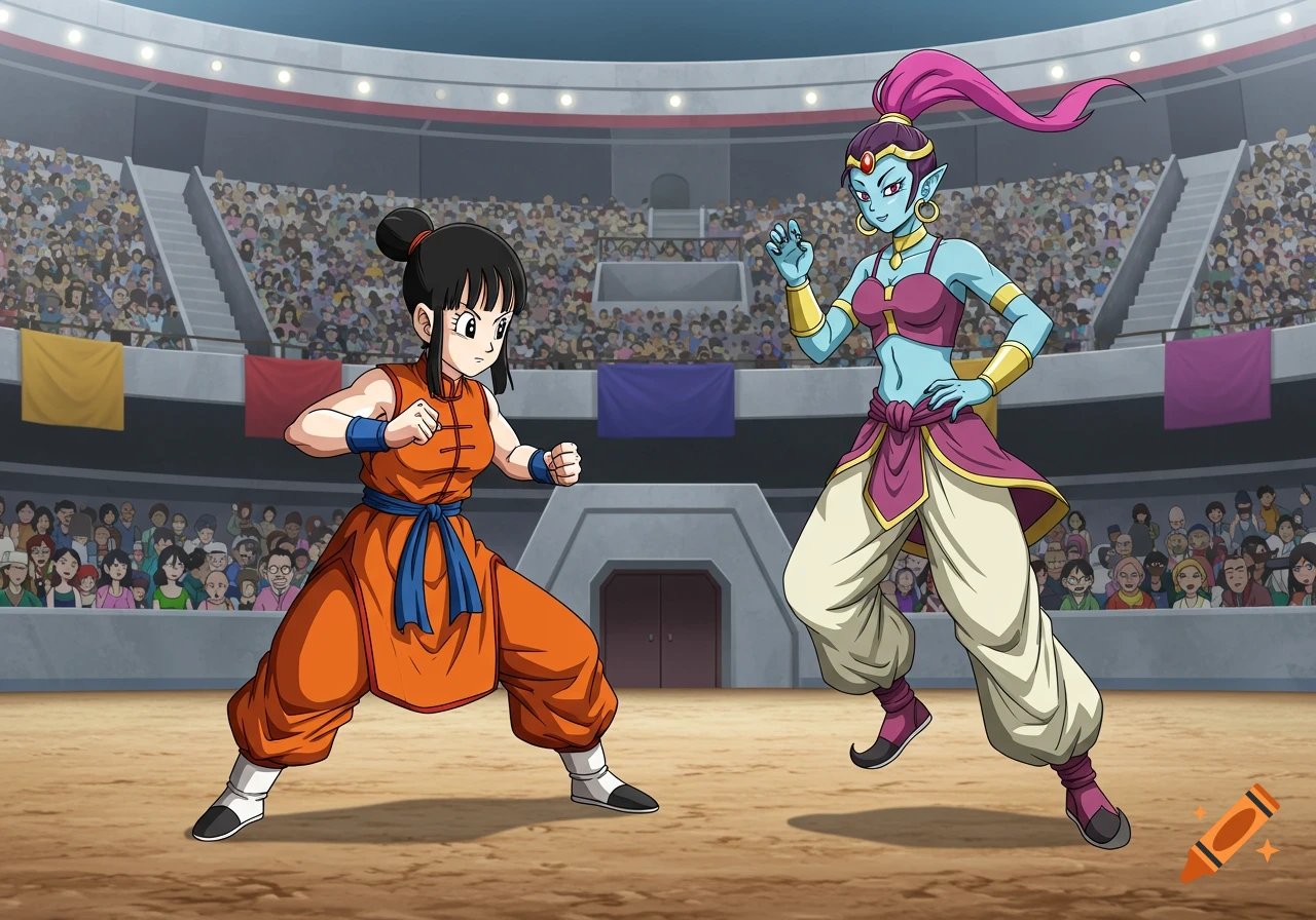 Chi Chi and a female genie face off in an arena with a crowd, anime illustration.