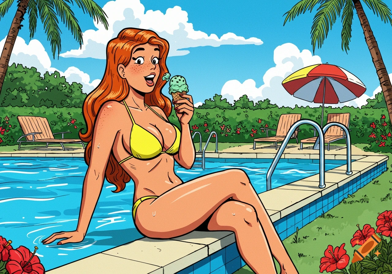 Comic art of a woman in a yellow bikini sitting by a pool eating ice cream on a sunny day.