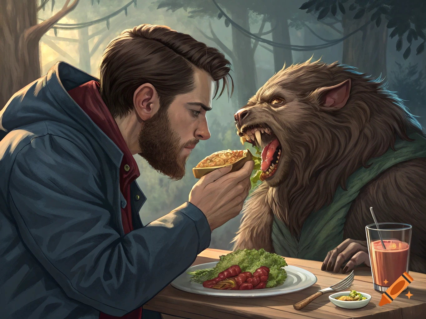A man feeds a snarling werewolf creature at a table in a forest, digital painting.