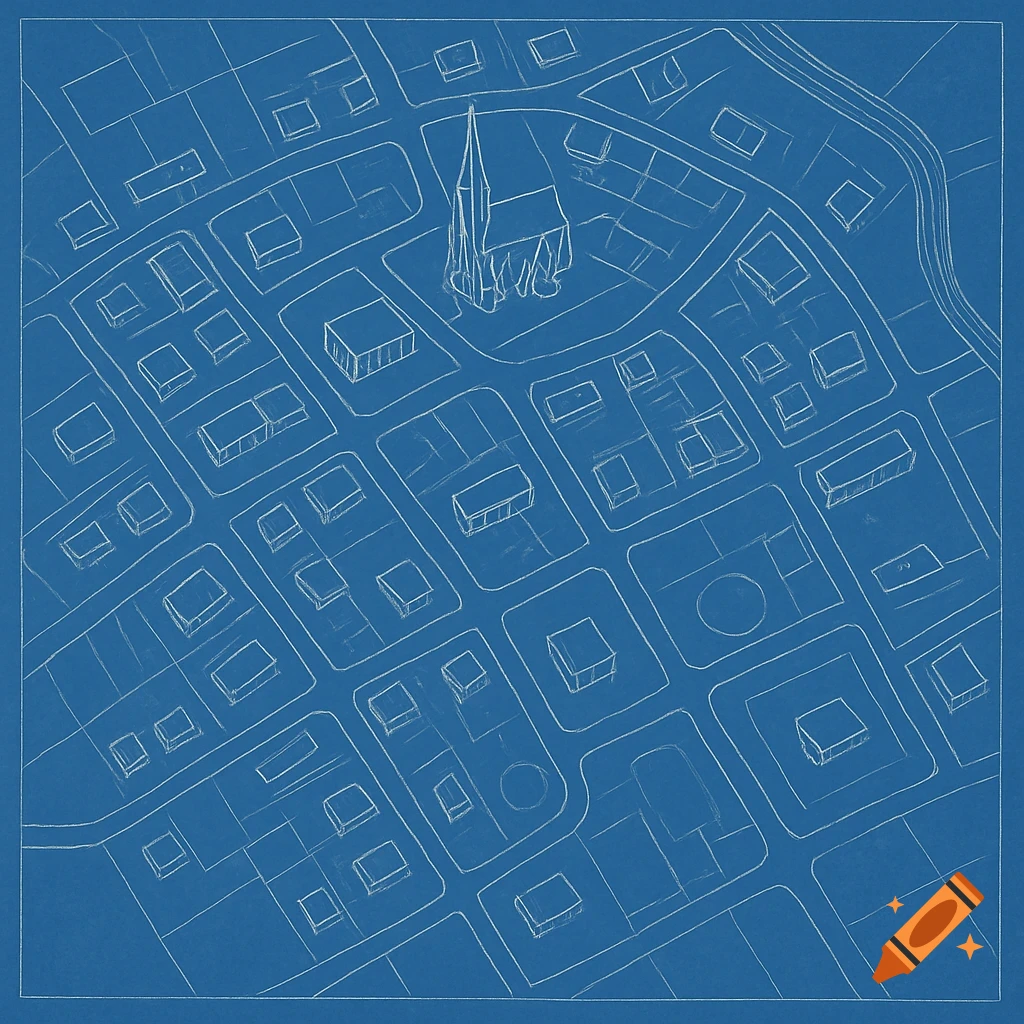 Blueprint drawing of a town plan with roads, buildings, and a central church.