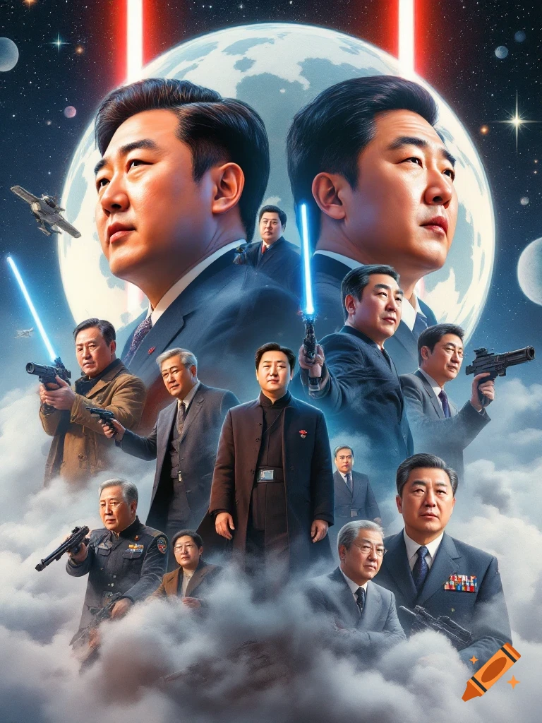South Korean politicians in a Star Wars style movie poster with lightsabers and spaceships in space.