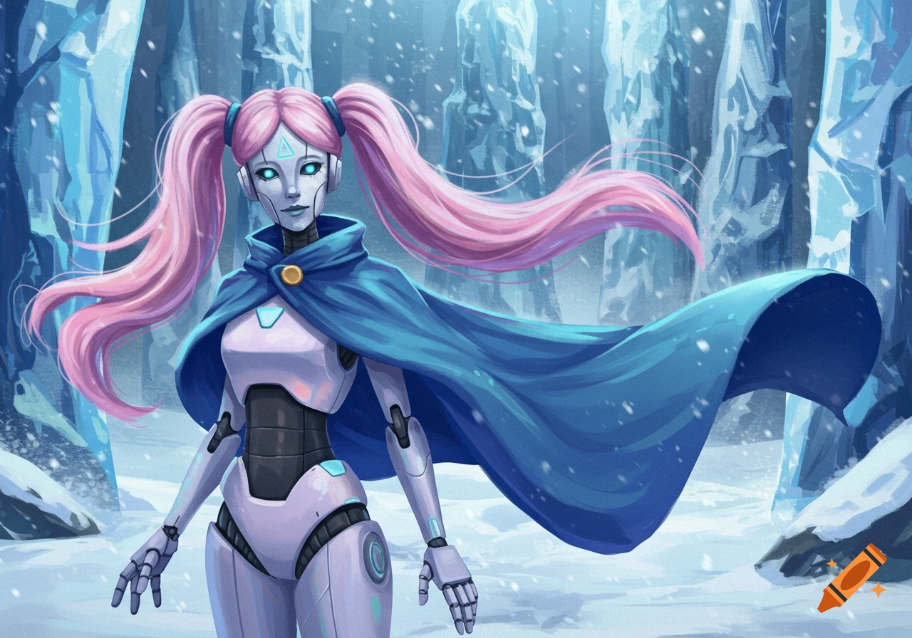 A female robot with pink pigtails and a blue cape stands in a snowy ice forest.