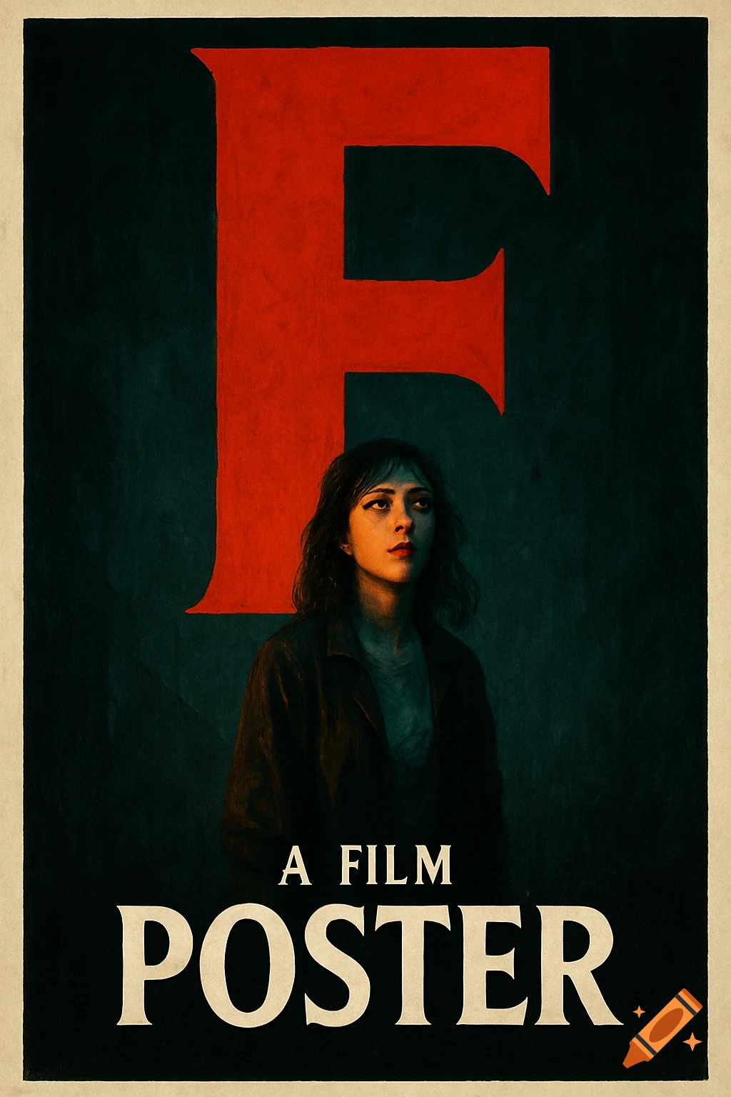 Film poster featuring a woman in front of a large red 'F', with text 'A FILM POSTER' below.