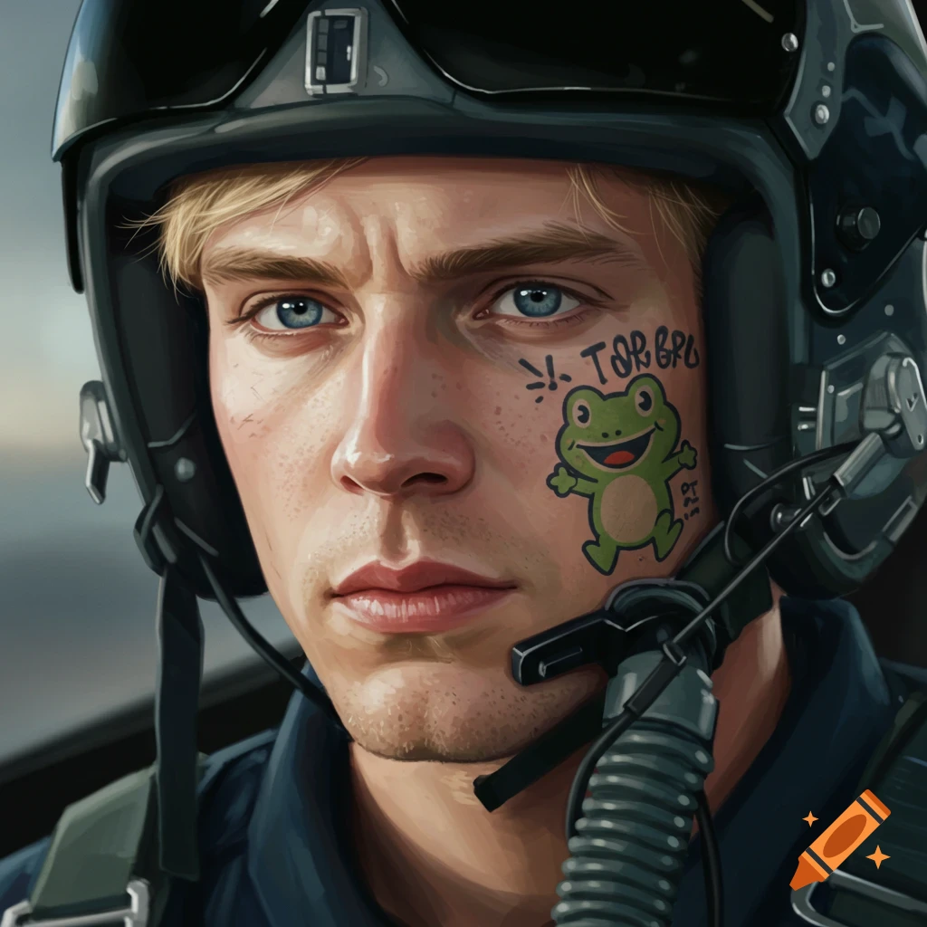 Portrait of a young male pilot wearing a helmet with a green frog face tattoo.