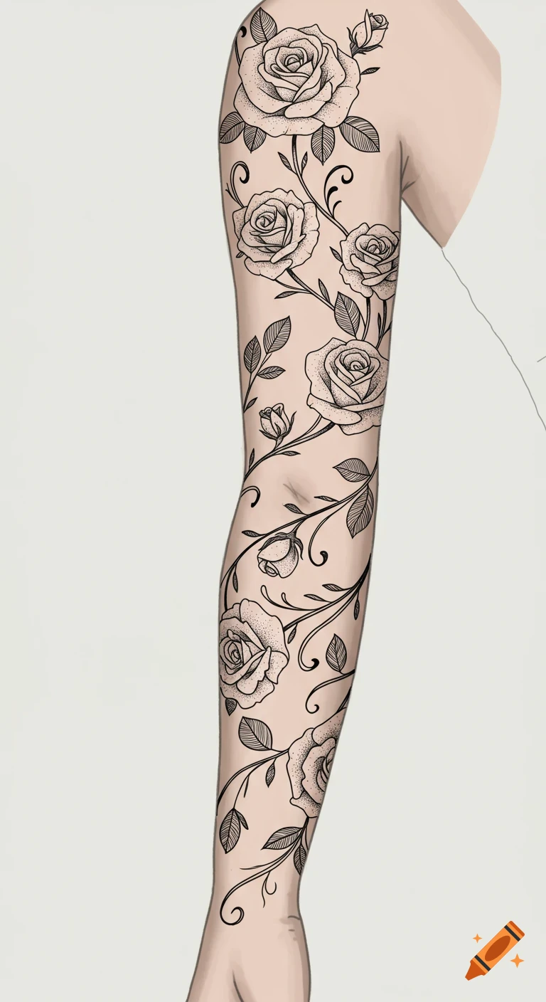 Black and white rose and vine tattoo design on an arm.
