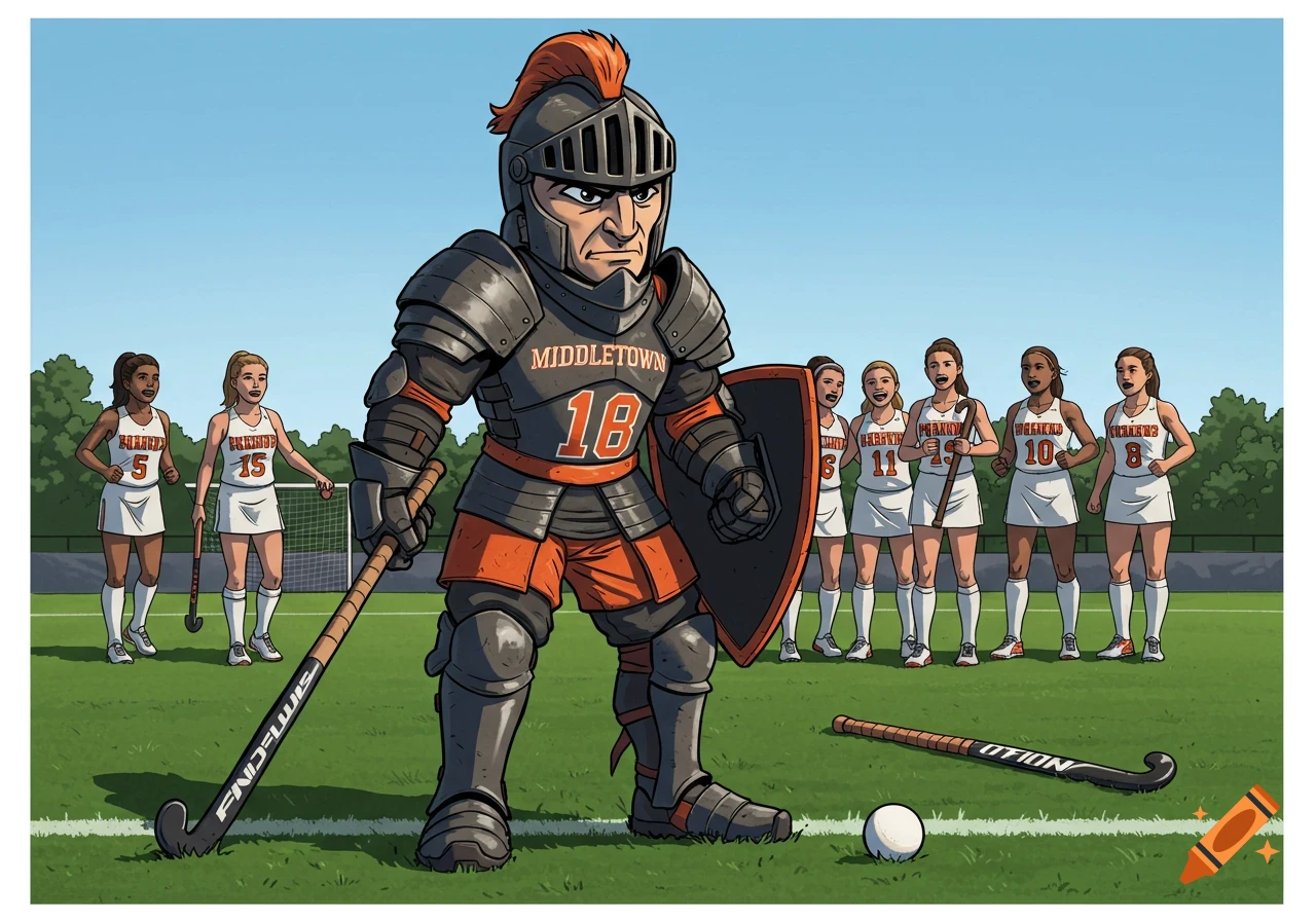 Illustration of a knight mascot with field hockey gear standing before ...