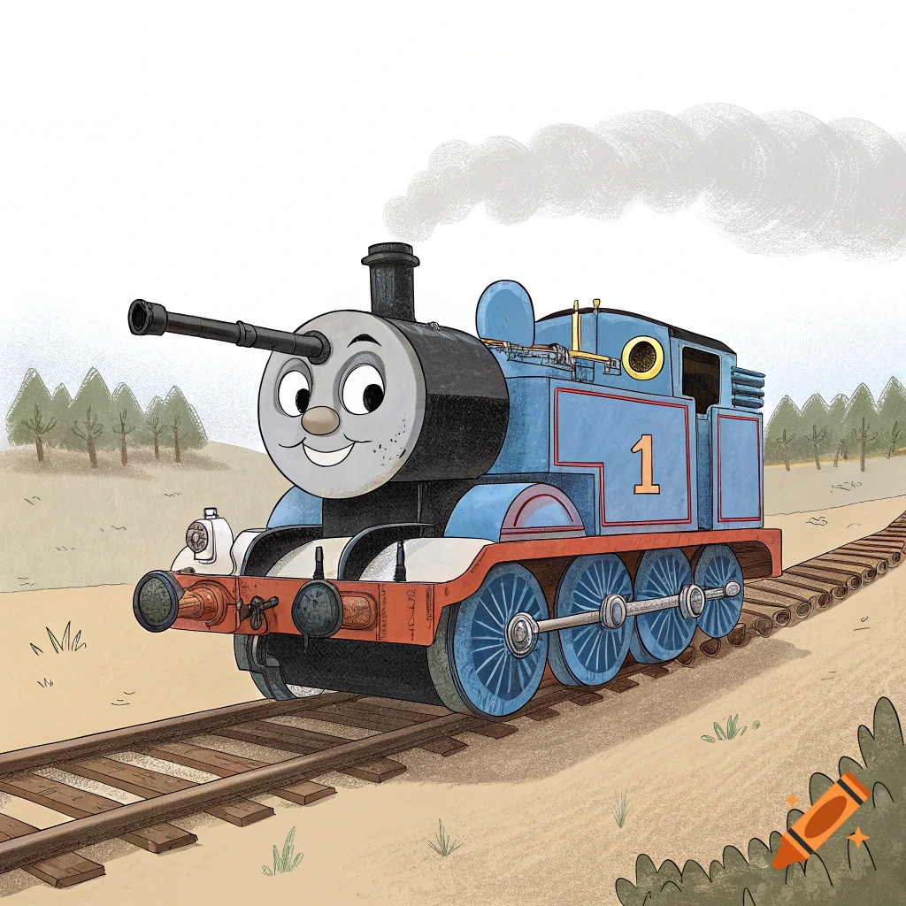 An illustration of Thomas the Tank Engine modified with a cannon on his ...