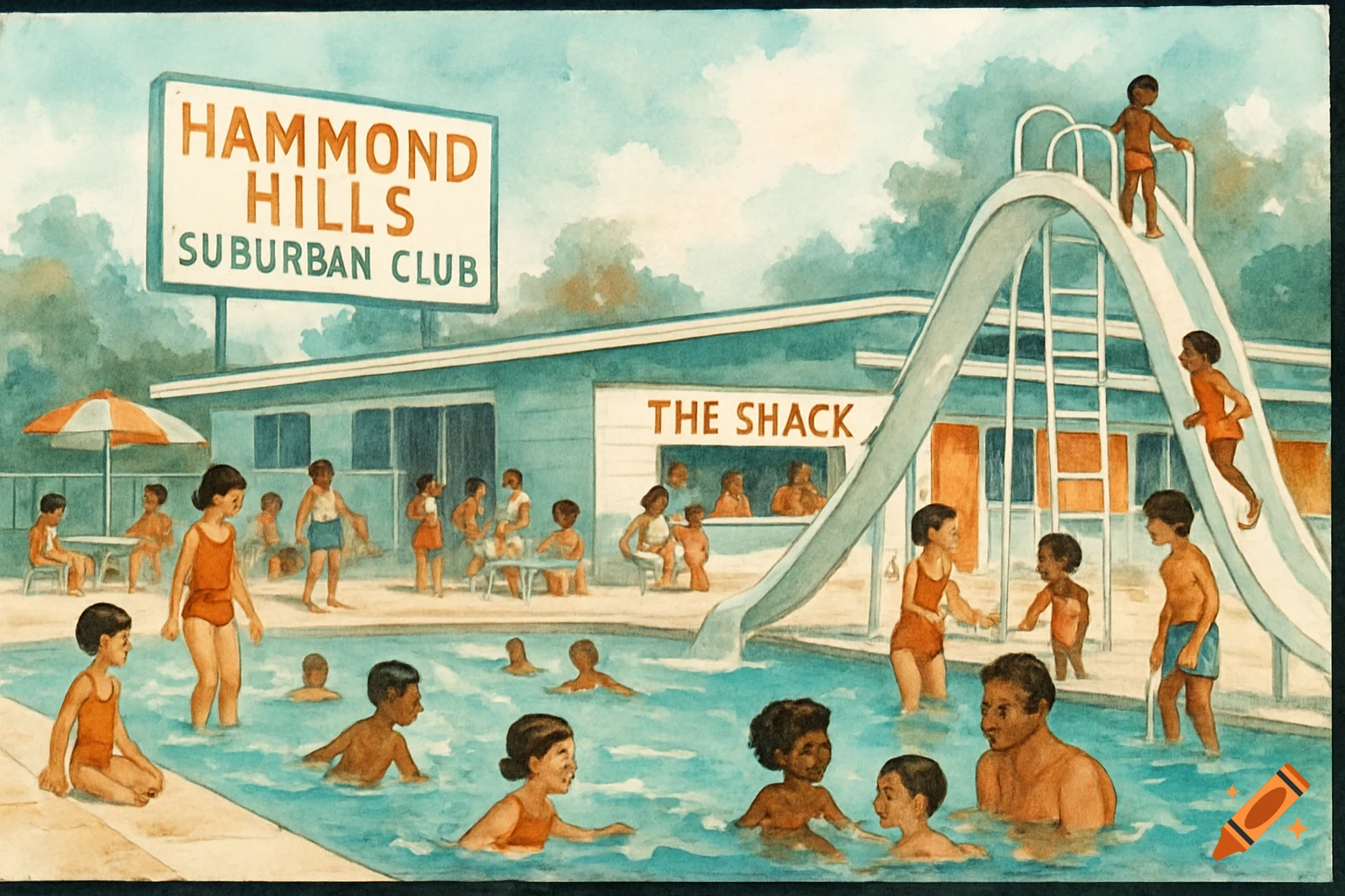 Watercolor painting of families swimming and playing at Hammond Hills Suburban Club pool, with a building labeled "The Shack".