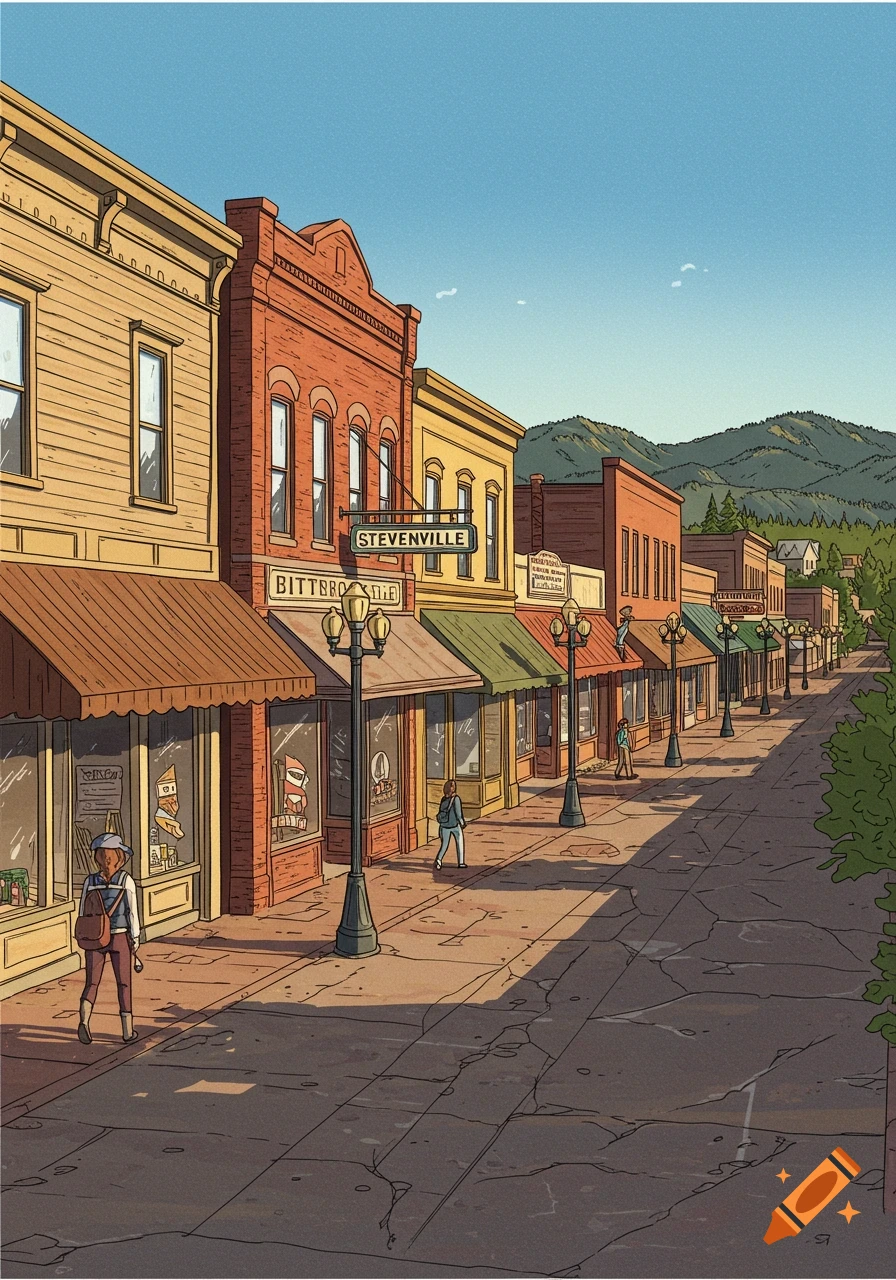 Cartoon illustration of a street in a small town with shops and people walking.