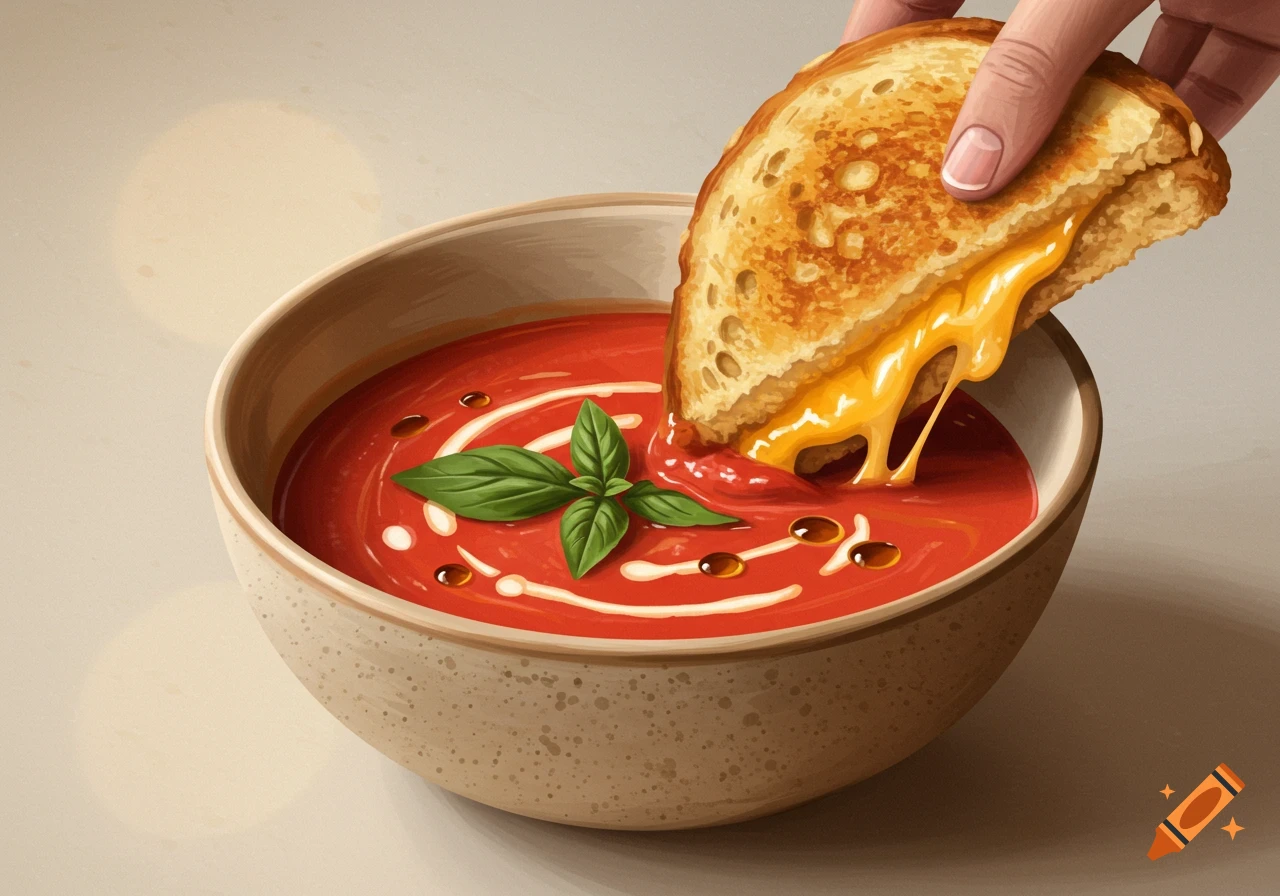 Hand dips a grilled cheese sandwich into a bowl of tomato soup with basil.