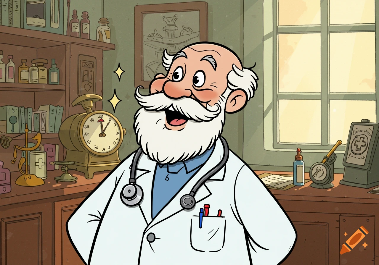 A cartoon of a smiling elderly doctor in his office.