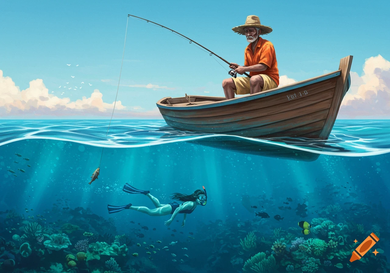 An old man fishes from a boat above a snorkeler exploring a coral reef underwater.