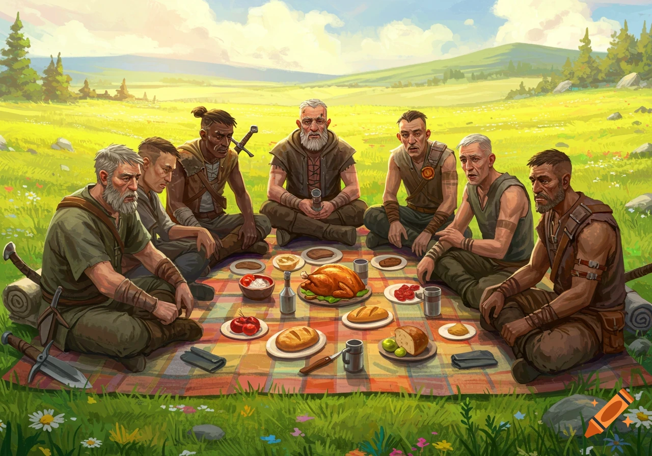 A group of grizzled adventurers having a picnic on a colorful blanket in a green field, in a digital painting style.