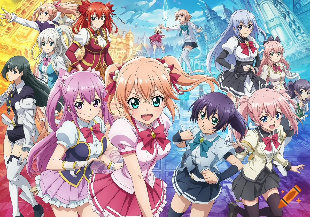 Group portrait of multiple anime characters with a split background