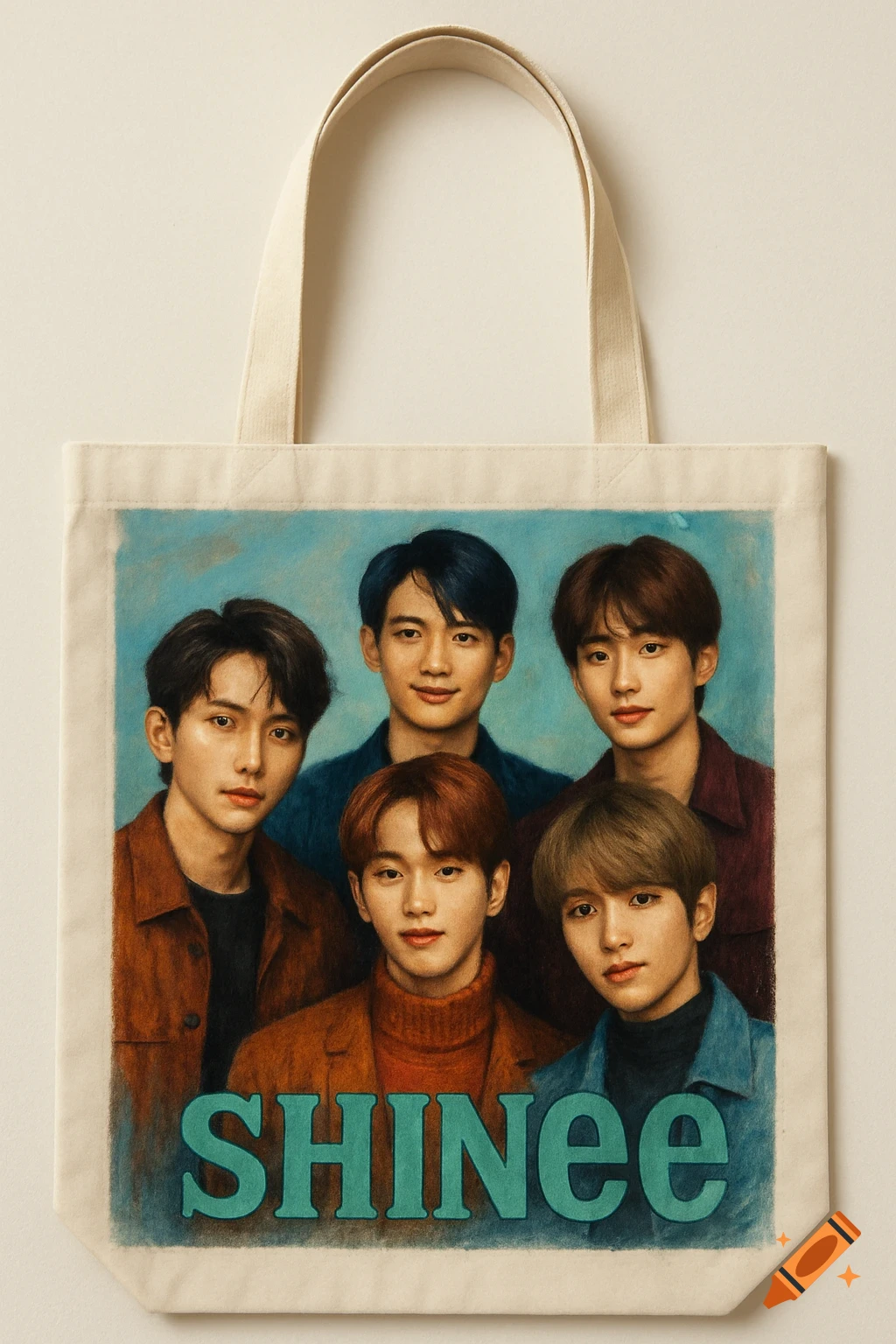 A white tote bag featuring a painted portrait of five men and the text "SHINee" below them.