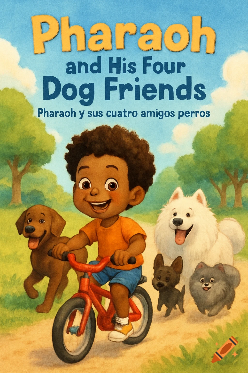 Cartoon illustration of a boy on a bike with four dogs in a park, with the title 'Pharaoh and His Four Dog Friends'.