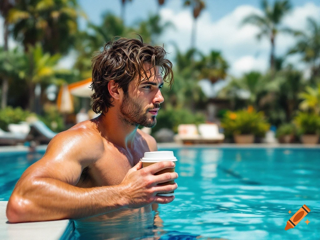 Man relaxing in a swimming pool holding a coffee cup
