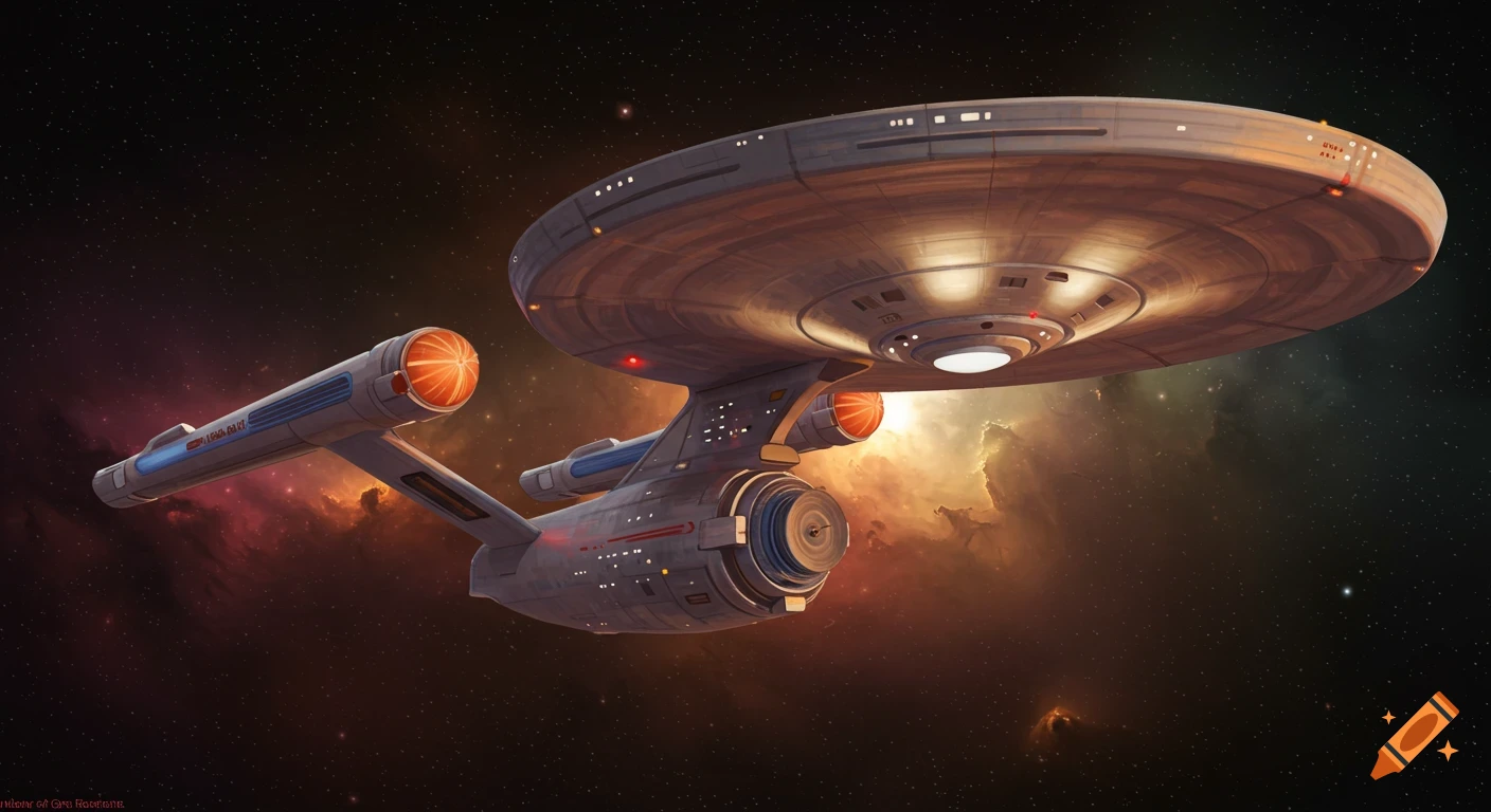 The Starship Enterprise flies through space past colorful nebulae.