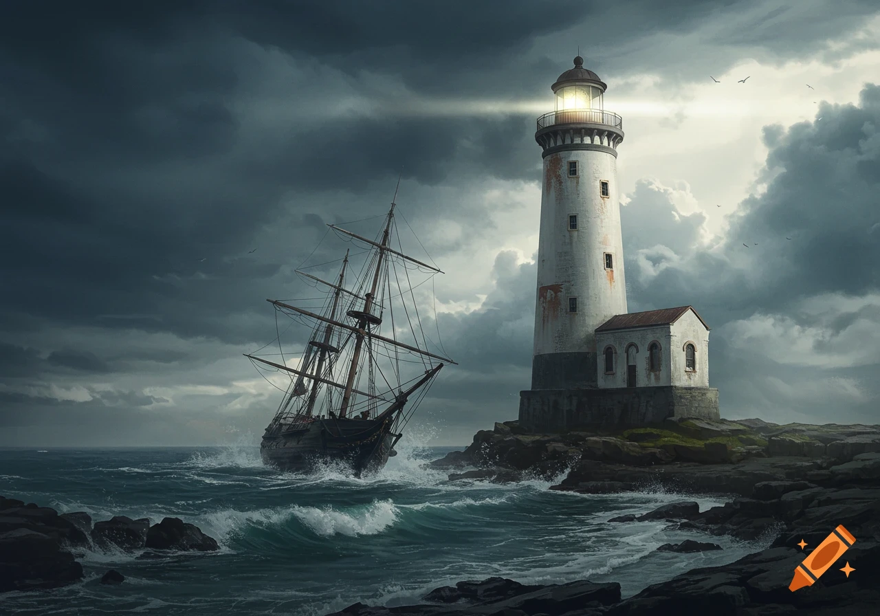A lighthouse on a rocky shore beside a ship in stormy seas under a dark sky.