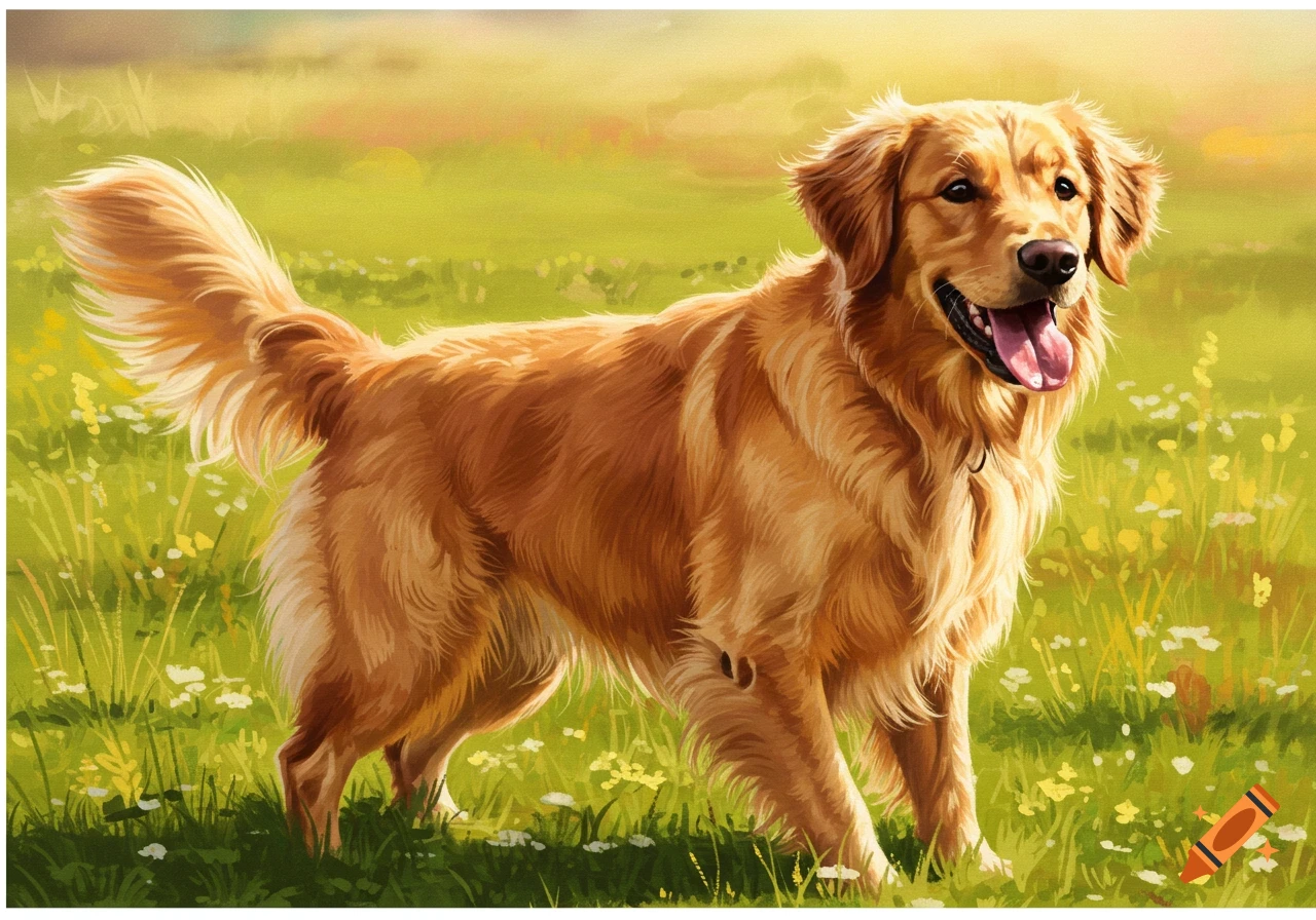 Painterly illustration of a golden retriever dog in a sunny field. on ...