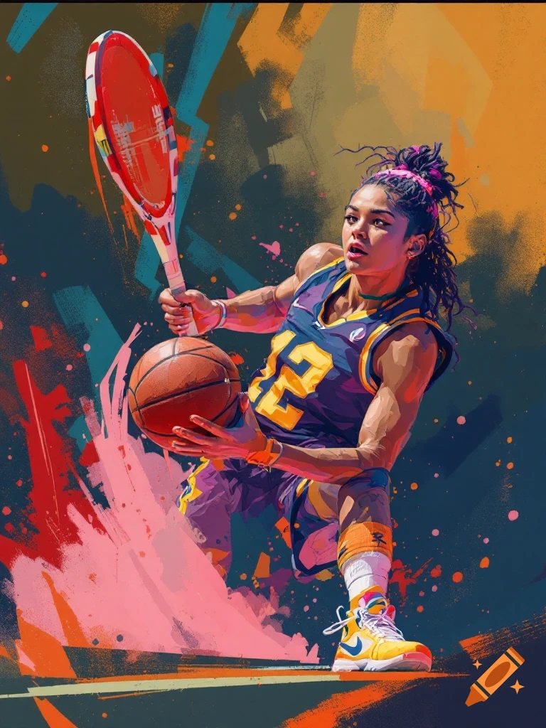 Painterly illustration of an athlete holding a basketball and a tennis racket.