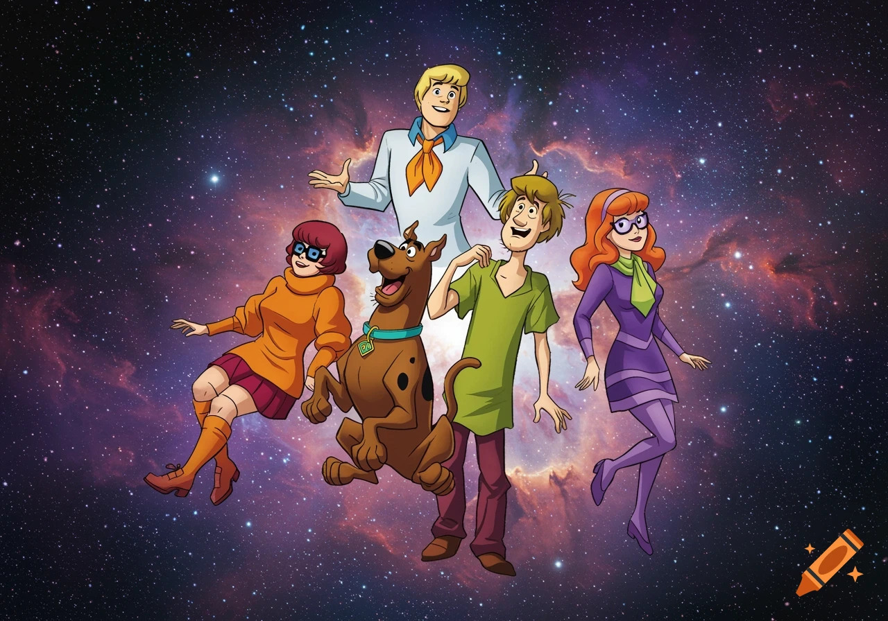 The Scooby-Doo gang floats in outer space against a colorful nebula background.
