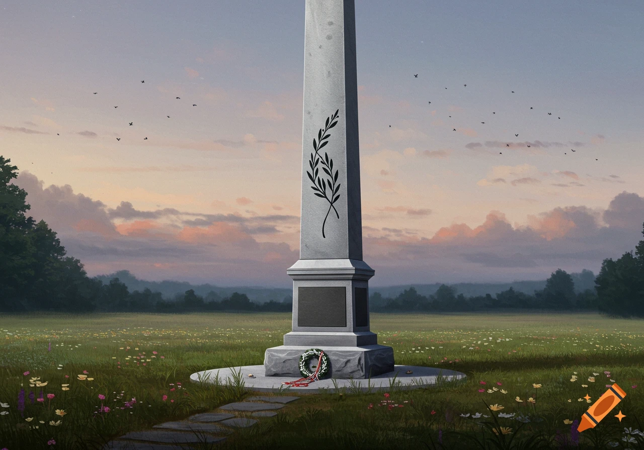 A tall monument in a grassy field with wildflowers under a cloudy sky.