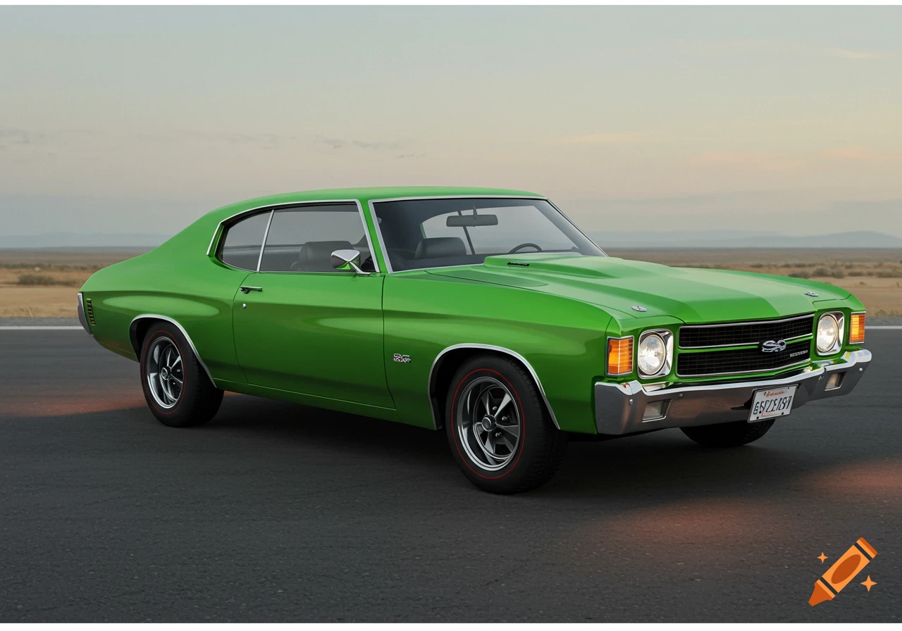 A bright green classic Chevrolet Chevelle parked on an asphalt road with a desert landscape in the background.