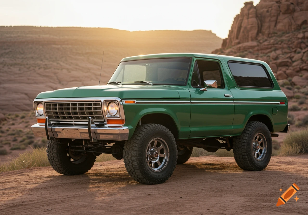 Green 1978 Ford Bronco SUV parked on a dirt road in a desert landscape at sunset