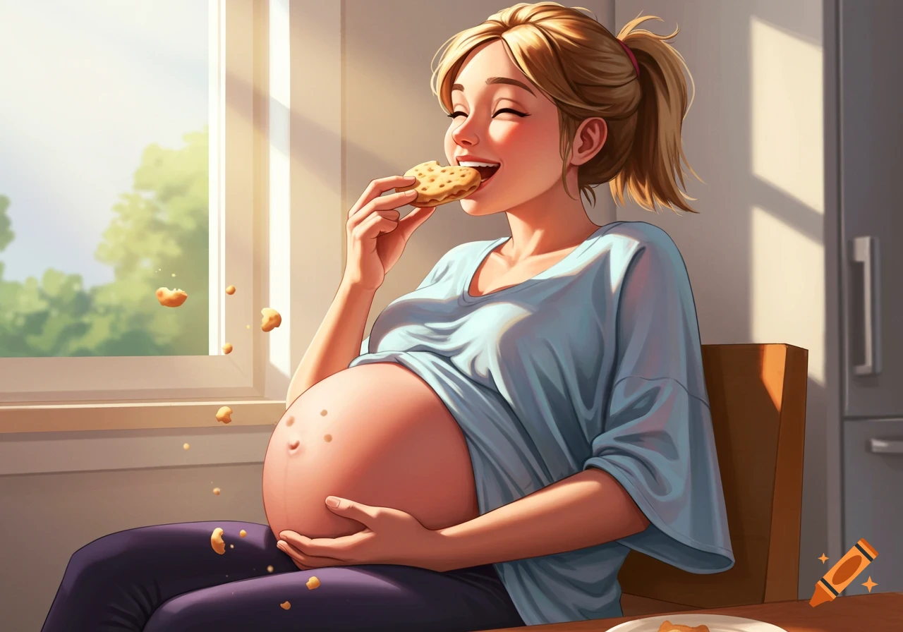 An illustration of a pregnant woman happily eating a cookie in a sunny room.