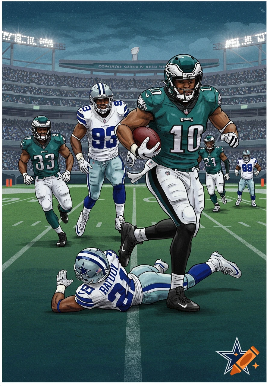 An illustrated image of an Eagles football player running past Cowboys players on a field.