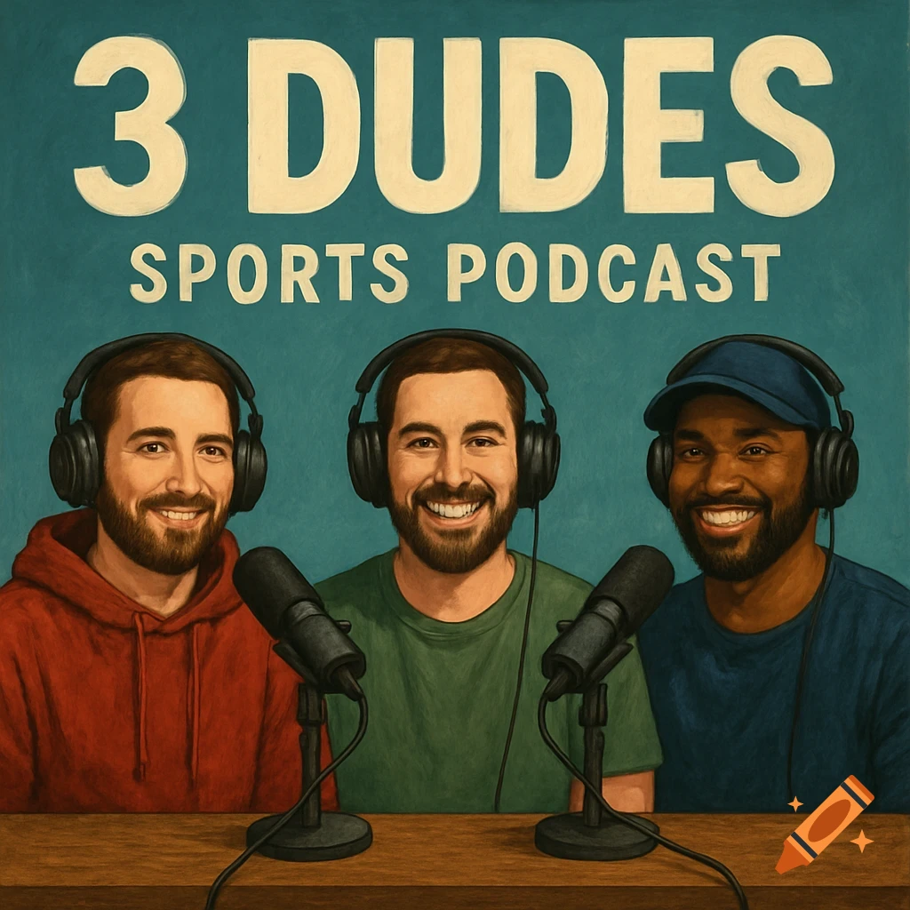 Three men sit at a table with microphones and headphones under the text '3 DUDES SPORTS PODCAST'. Illustration style.