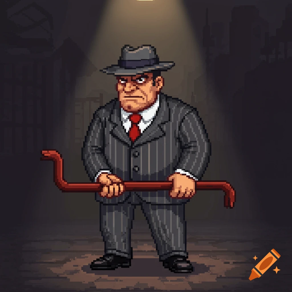 A grumpy pixel art gangster holds a crowbar in a dark alley. Style: Pixel art.