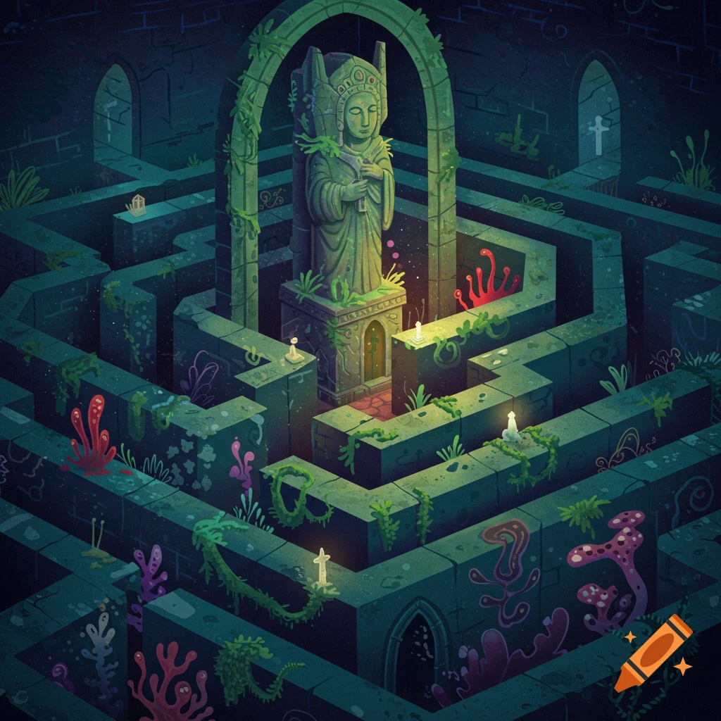 A dark fantasy illustration of a moss-covered maze with a central statue and glowing plants.